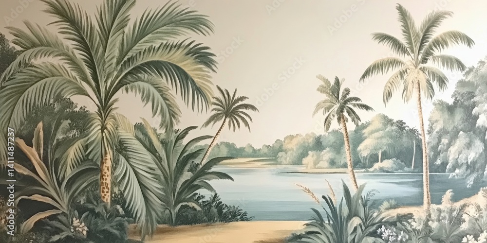 Fototapeta premium Wallpaper serene tropical landscape painting in pastel tones