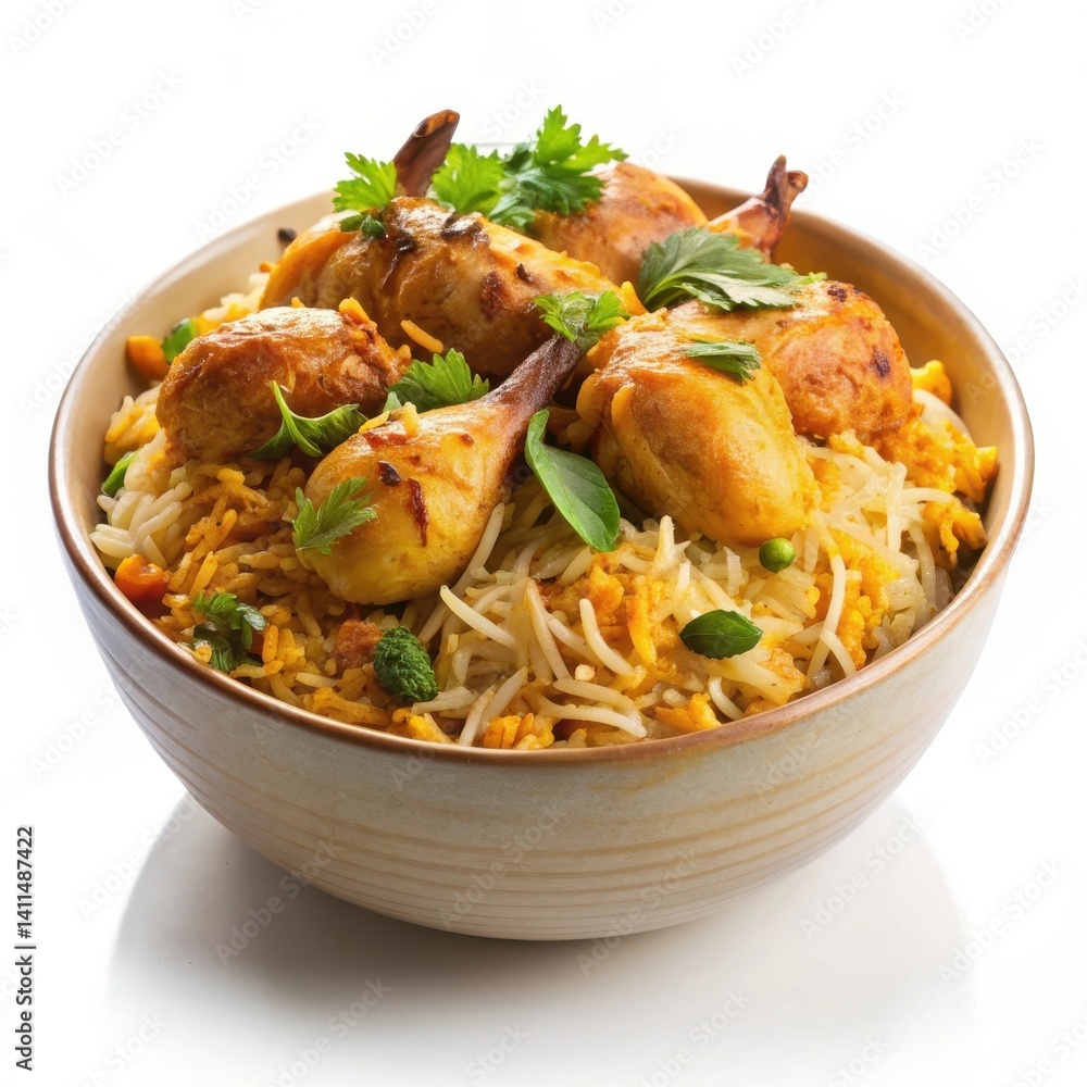 Delicious Chicken Biryani Bowl With Rice And Herbs On White Background Delicious Chicken Biryani Bowl With Rice And Herbs On White Background