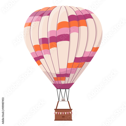 Big hot air balloon with colorful pattern. Flying baloon design element for decorating invitation to show, flyer, banner. Aerial travel tourist transport with basket. Flat vector illustration