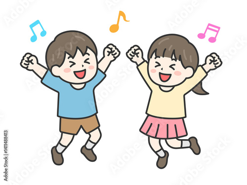 喜んで飛び跳ねる、男の子と女の子（線画カラー）のイラスト