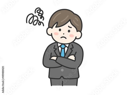 困って首を傾げる、スーツを着た男性（線画カラー）のイラスト