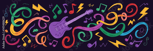 Hand-Drawn Music Pattern – Purple Electric Guitar with Colorful Notes Vector
