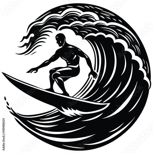 Surfer Silhouette Riding Curvy Wave in Black and White, Extreme Sport, Outdoors