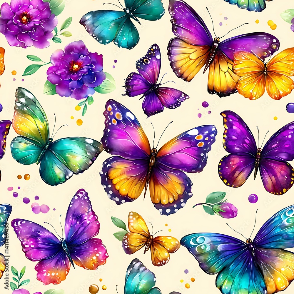 Seamless Pattern Colorful butterflies and flowers nature background digital artwork vibrant palette close-up view Seamless Pattern Colorful butterflies and flowers nature background digital artwork vibrant palette close-up view