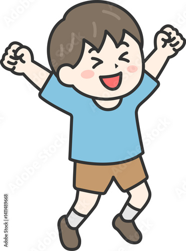 喜んで飛び跳ねる、男の子（線画カラー）のイラスト