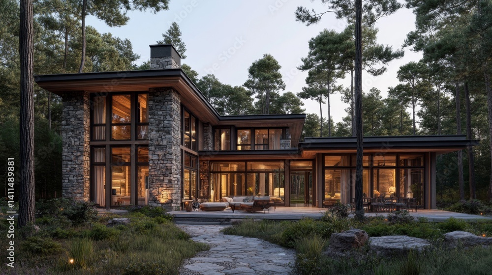 Naklejka premium Modern Stone and Wood House in a Forest at Dusk