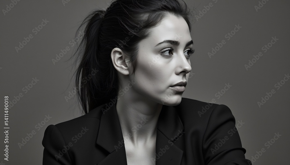 Portrait Of An Elegant Woman In Business Attire Looking Aside In Monochrome Portrait Of An Elegant Woman In Business Attire Looking Aside In Monochrome