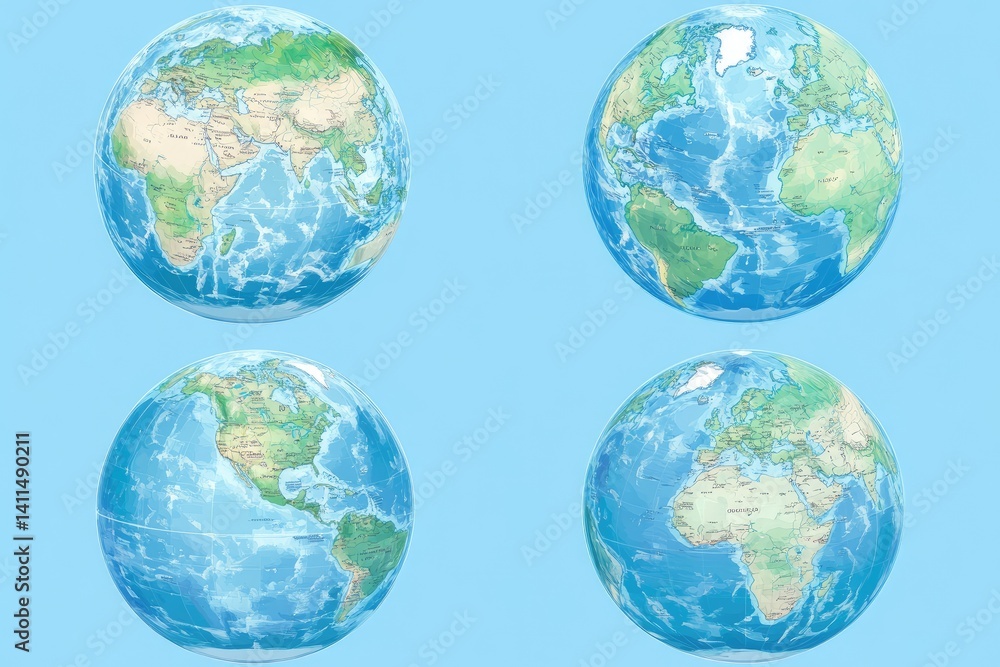 Four globe illustrations displaying various continents and oceans. Detailed world maps on a light blue background Four globe illustrations displaying various continents and oceans. Detailed world maps on a light blue background