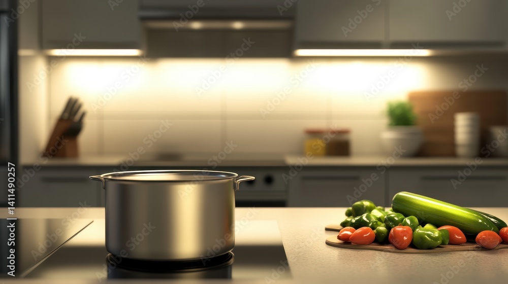 Modern kitchen scene with a pot on the stove, fresh vegetables on the counter, and soft lighting Modern kitchen scene with a pot on the stove, fresh vegetables on the counter, and soft lighting
