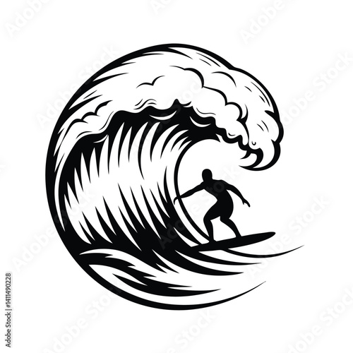 Surfing Silhouette Bold Wave Design, Black and White Art, Active Sport, Ocean Ride