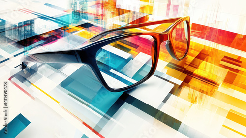 A pair of stylish eyeglasses set against a vibrant, abstract background.