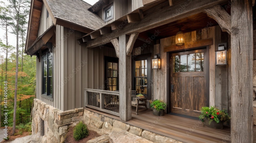 Rustic cedar porch with weathered wood accents and a solid oak door, creating a warm and inviting feel - aged weathered cedar charm Rustic cedar porch with weathered wood accents and a solid oak door, creating a warm and inviting feel - aged weathered cedar charm