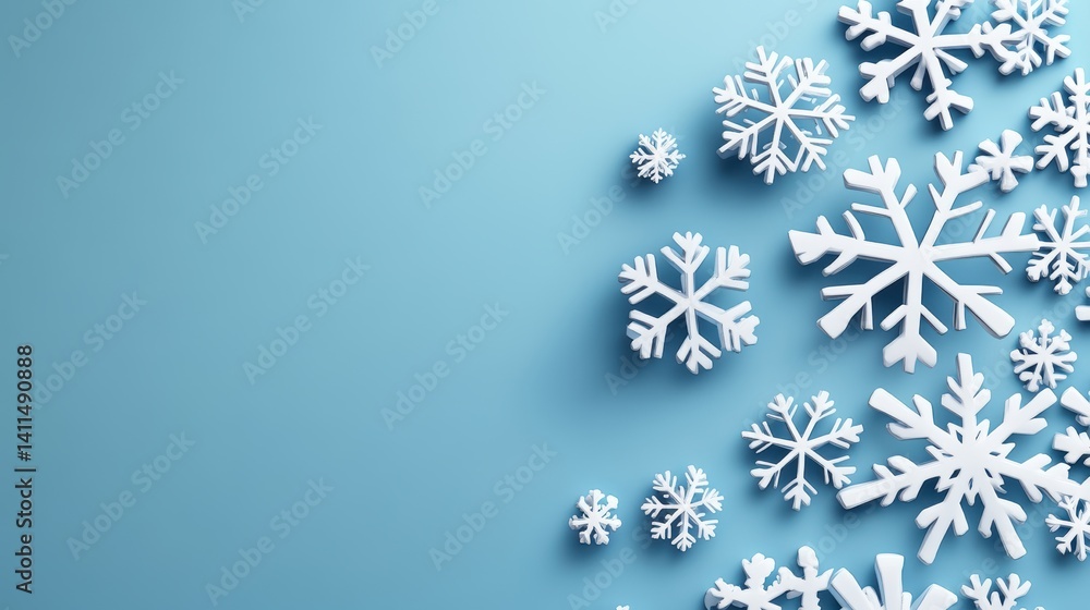 A collection of white three-dimensional snowflakes artfully arranged in varying sizes against a light blue background creating a festive winter scene A collection of white three-dimensional snowflakes artfully arranged in varying sizes against a light blue background creating a festive winter scene