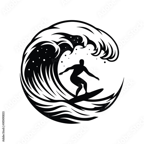 Surfer Silhouette Riding Ocean Wave Black and White Design for Simple Appeal
