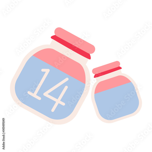Cute jar illustration with number 14 and floating hearts, representing Valentine's Day. Ideal for romantic designs, love-themed content, or holiday celebration graphics and decor.