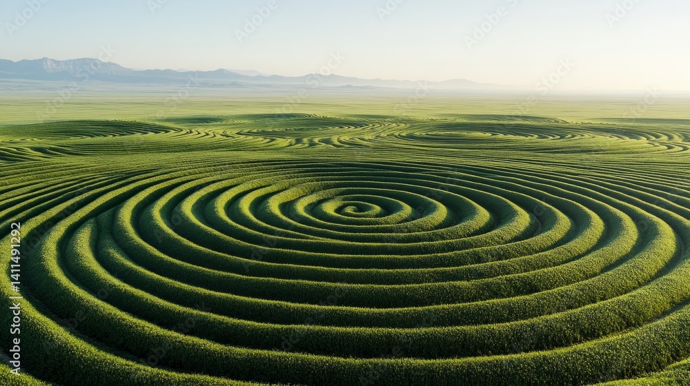Expansive green field features striking circular crop patterns showcasing creative farming techniques in tranquil rural setting at dawn Expansive green field features striking circular crop patterns showcasing creative farming techniques in tranquil rural setting at dawn
