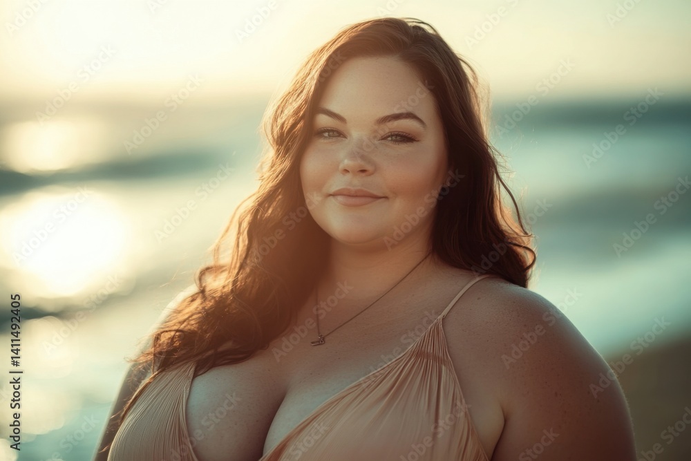 A plus size woman with long wavy dark brown hair wearing a peach colored dress standing on a beach at sunset with a peaceful smile A plus size woman with long wavy dark brown hair wearing a peach colored dress standing on a beach at sunset with a peaceful smile