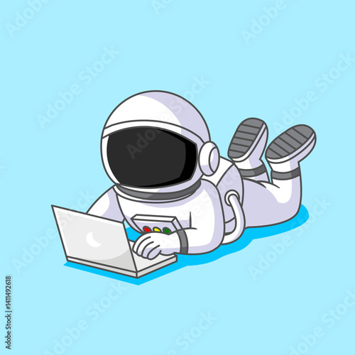 Cute Astronaut Lying Down Pose Working on Laptop Vector Illustration Cartoon Design