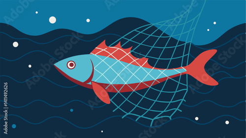 The image of a lone fish swimming in an otherwise empty fishing net serves as a haunting symbol of the destructive effects of overfishing.. Vector illustration