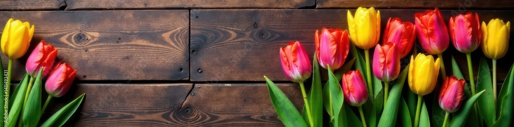 Colorful tulip arrangement, rustic wooden surface , spring, design, art Colorful tulip arrangement, rustic wooden surface , spring, design, art