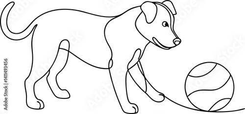 Happy puppy continuous line art vector of dog walking toward ball – ideal for pet-themed SVG bundles, dog lover gifts, digital art downloads, pet shop branding, and craft design templates.