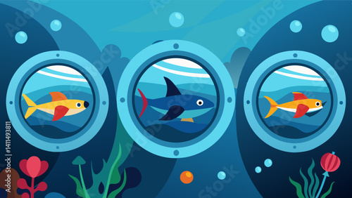 Portholes on the sides of the air taxis offer glimpses of the vibrant marine life below.. Vector illustration