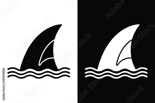 Shark Fin Clipart Icon. Bold Vector in Black and White Background