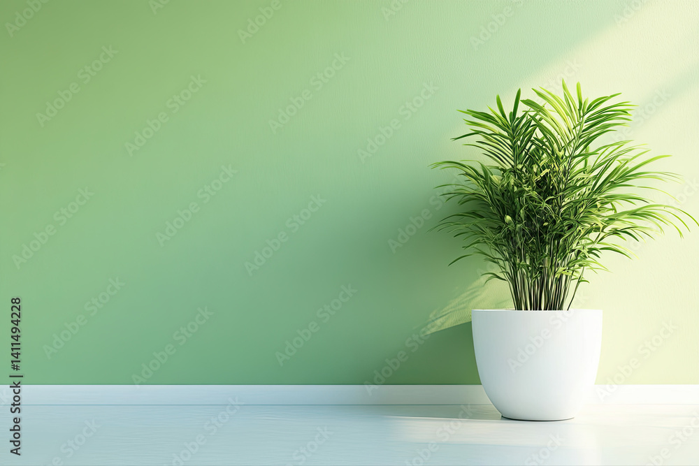 Fototapeta premium Green Plant in White Pot Against a Light Green Wall