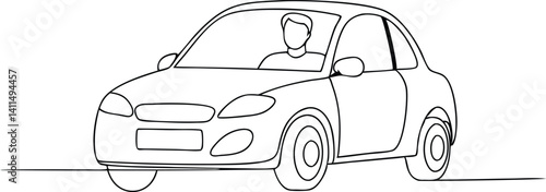 Continuous line drawing of a man driving a side-view compact car, ideal for mobility illustrations, transportation web icons, rideshare app graphics, or vehicle-themed SVG projects

