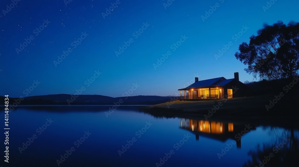 Fototapeta premium Lakeside Cabin at Night Under Starlit Sky