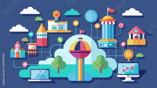 A virtual amut park where each ride and attraction is themed around a different aspect of data and its uses.. Vector illustration