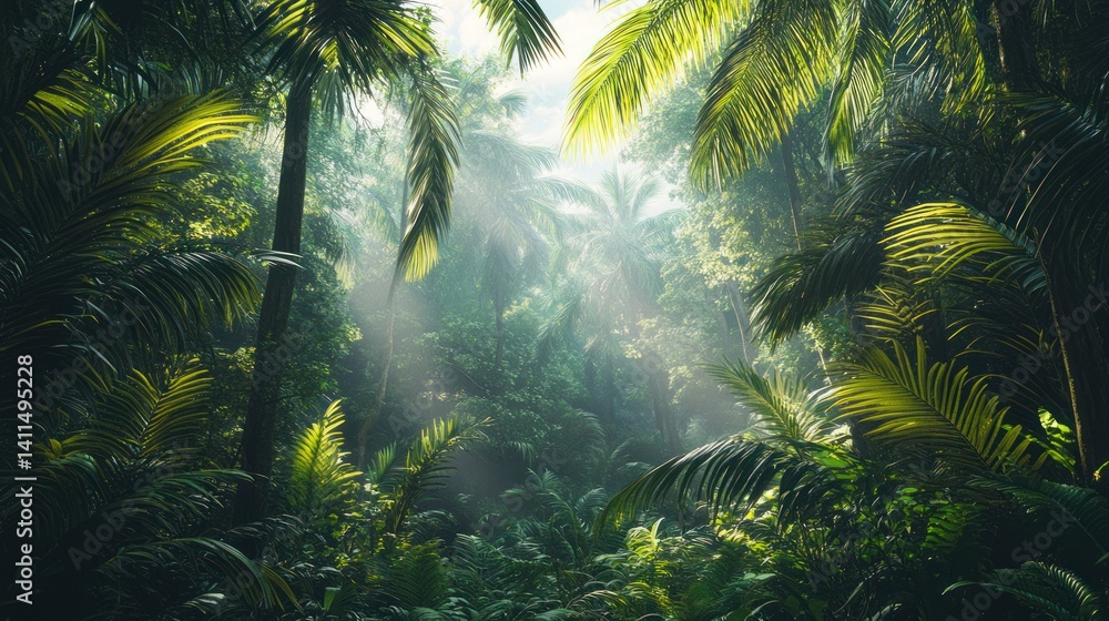 Naklejka premium Lush Tropical Rainforest: Sunbeams Piercing Through Emerald Canopy