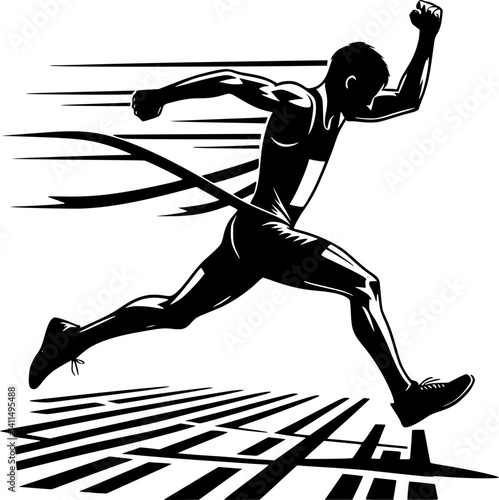 Man runner crossing the finish line, stylized illustration. Silhouette of athletic looking male runner running. EPS 10 version.