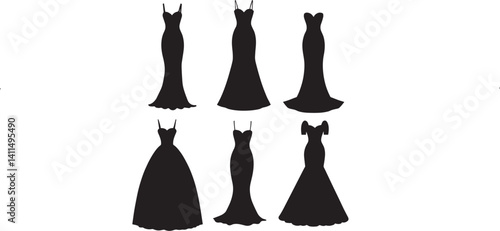 Set of Elegant Dress Silhouette Fashion Vector Collection of Gown and Evening Wear Designs