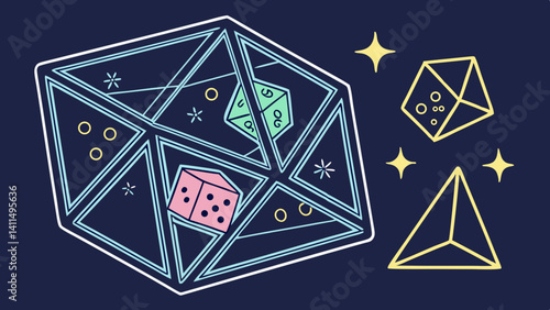 Mystic dice tumble in geode pastel colors sparkling dark background polyhedral shapes
