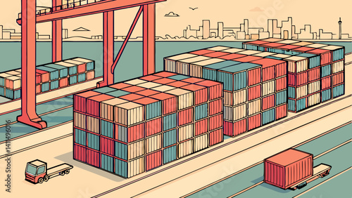 Global trade thrives colorful shipping containers at a bustling port a vibrant illustration