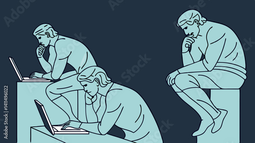 Three figures Rodin esque intensely focused on laptops a modern twist on contemplation teal