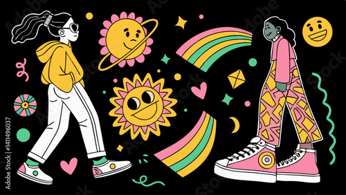 Joyful girls stroll through a vibrant rainbow cosmos stylish sneakers happy suns bold lines pastel