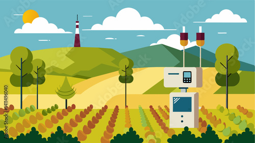 Climate Monitoring Station Precision viticulture technology includes weather stations strategically p throughout the vineyard to gather realtime data on temperature humidity and. Vector illustration