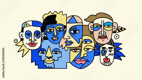 Vibrant abstract faces illustrate unity diversity bold lines blue hues create a striking modern art