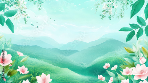 A serene landscape featuring soft mountains and blooming flowers in a tranquil color palette.