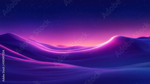 A serene landscape with rolling hills illuminated by a gradient of purple and pink hues.