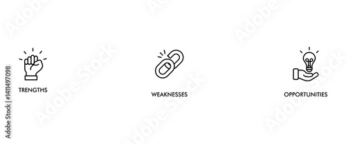 SWOT banner web icon vector illustration concept for strengths, weaknesses, threats, and opportunities analysis with an icon of value, goal, break chain, low battery, growth, check, minus, and crisis