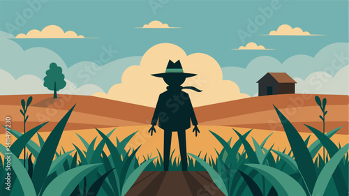In the distance a lone scarecrow stood guard over the cornfields a reminder of a time when this farm was thriving.. Vector illustration