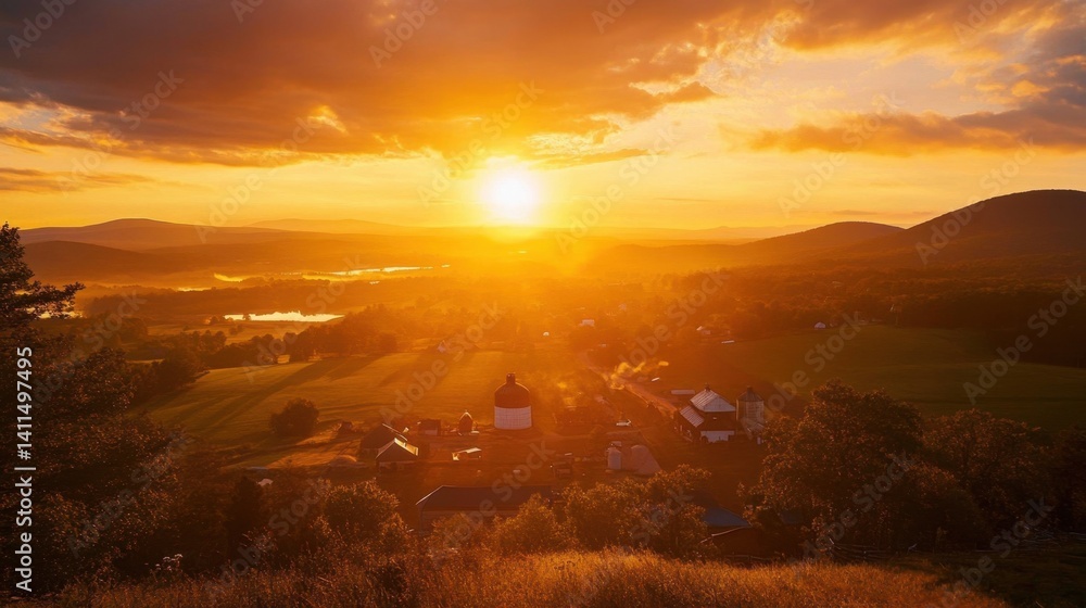 Obraz premium Serene sunset over a tranquil village nestled in lush hills, casting warm golden hues