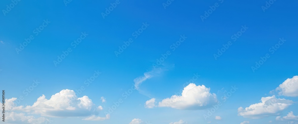 Fototapeta premium Soft white clouds drift across a gradient blue sky, transitioning from deep to light blue hues, heavens, nature