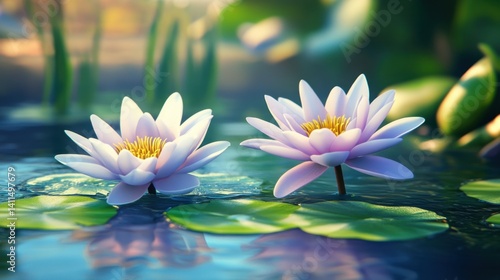 Serene water lilies bloom gracefully on a tranquil pond surrounded by lush greenery