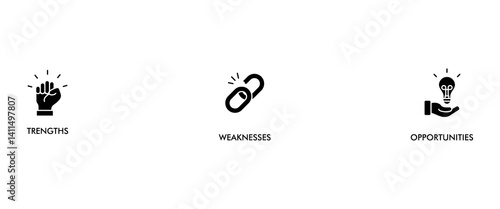 SWOT banner web icon vector illustration concept for strengths, weaknesses, threats, and opportunities analysis with an icon of value, goal, break chain, low battery, growth, check, minus, and crisis