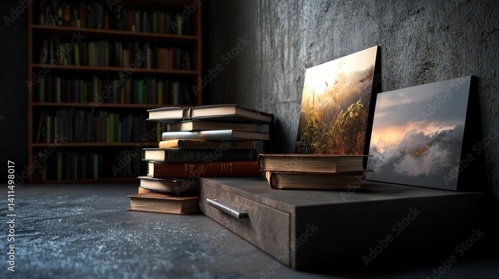 Naklejka premium Books, art prints, library interior, stacked volumes, dark room
