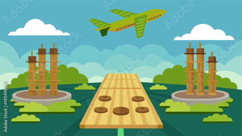 Made from a combination of bamboo and recycled plastic the pads provide a durable yet environmentally conscious base for aircraft takeoff and landing.. Vector illustration